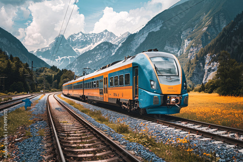 modern orange train on the railroad with beautiful mountain view