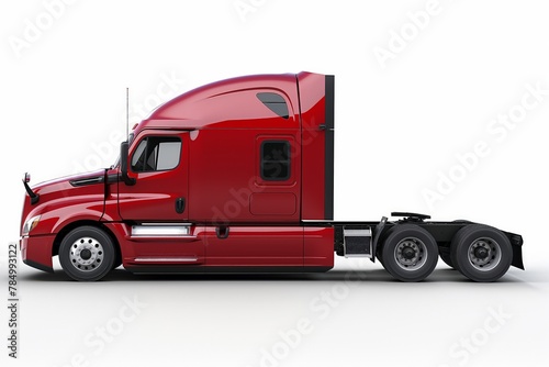 Side view of a bright red semi truck cab without a trailer, isolated on a white background, depicting logistics and transportation. © cherezoff