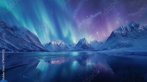 Aurora borealis on the Lofoten islands, Norway. Night sky with polar lights. Night winter landscape with aurora and reflection on the water surface. Natural background in the Norway photo