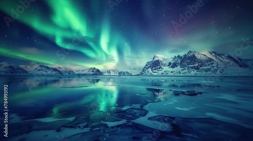 Aurora borealis on the Lofoten islands, Norway. Night sky with polar lights. Night winter landscape with aurora and reflection on the water surface. Natural background in the Norway