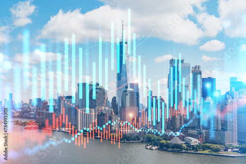 Skyscrapers Cityscape Downtown View  New York Skyline Buildings. Beautiful Real Estate. Day time. Forex Financial graph and chart hologram. Business education concept.