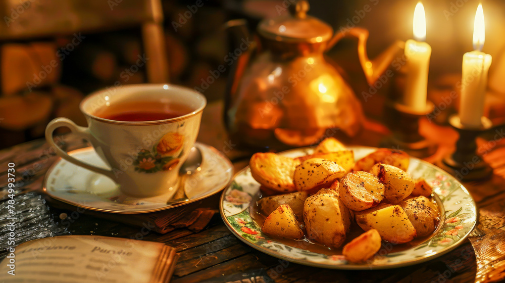 Cozy Evening Table Setting with Tea and Roasted Potatoes Cozy Evening Table Setting with Tea and Roasted Potatoes