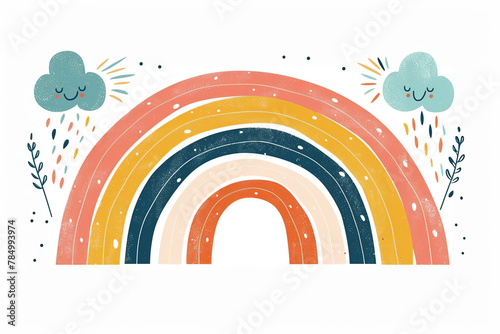 Boho baby rainbow and clouds, cute illustration on white background for nursery