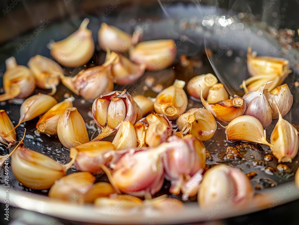 Roasted Garlic Cloves Sizzling in a Pan Close-Up Roasted Garlic Cloves Sizzling in a Pan Close-Up