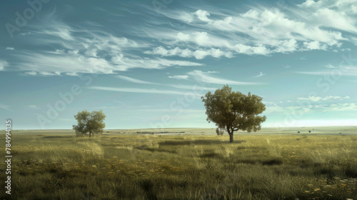 Serene Landscape with Lone Trees and Vast Sky