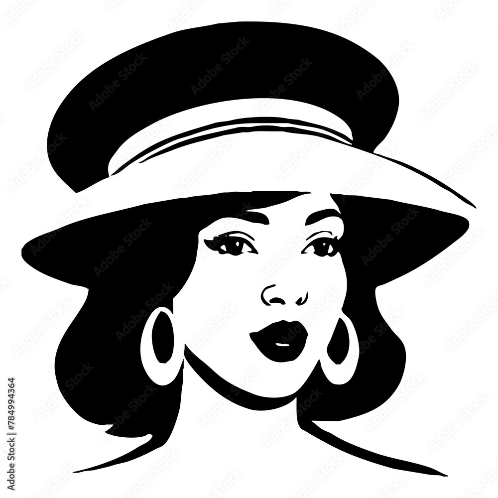 Fictional character of a woman with a hat. Black and white illustration. Logo design for use in graphics. Generated by Ai - obrazy, fototapety, plakaty 