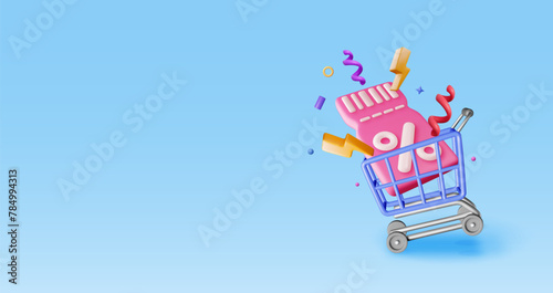 3d shopping basket and coupon with percentage symbol. Render realistic shopping cart and colorful confetti around discount voucher. Sale discount clearance. Online retail shopping. Vector illustration