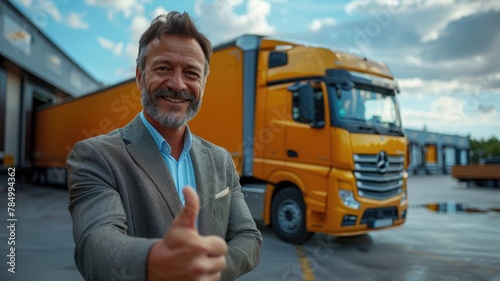 Portrait of a driver standing his truck and smiling