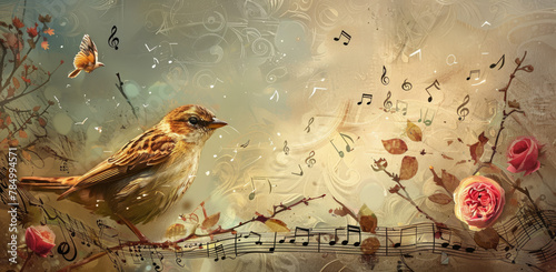Moodboard, concept art of a bird and musical notes, in the background a collage with music sheet texture in a boho style with warm colors, watercolor photo