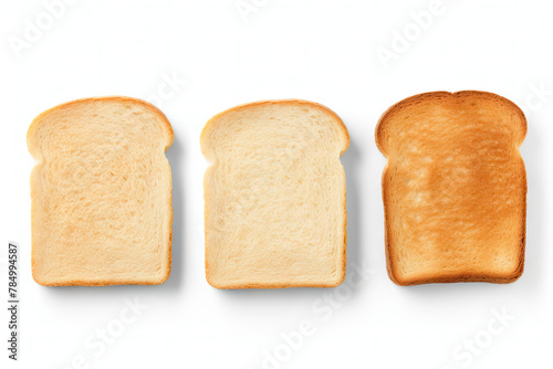 Three Stages of Toasting Bread from Soft to Crispy on a White Background