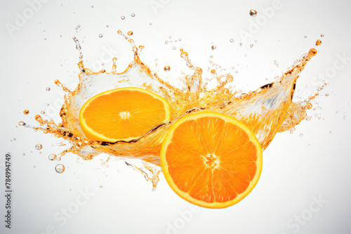 Slice of Orange Making a Spectacular Splash in Orange Juice on Dark Background