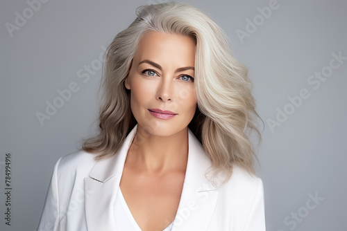 Elegant Portrait of a Confident Mature Woman with Silver Hair and White Blazer
