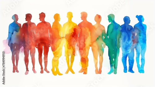 watercolor illustration of people silhouettes in different LGBTQ colors standing together in unity, white background photo
