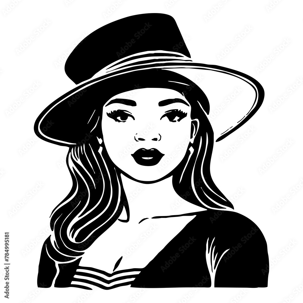 Fictional character of a woman with a hat. Black and white illustration. Logo design for use in graphics. Generated by Ai Fictional character of a woman with a hat. Black and white illustration. Logo design for use in graphics. Generated by Ai