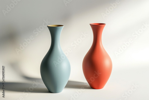 Two Elegant Ceramic Vases in Soft Blue and Coral Tones on a Neutral Background