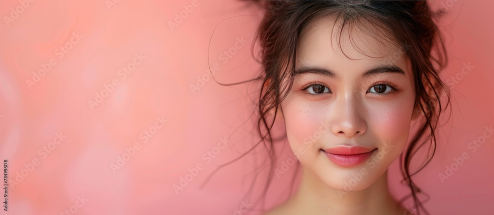 Portrait of a beautiful young Asian woman in close-up with clean, fresh skin in the sunlight against a background of peach fuzz. The concept of advertising cosmetics for facial care Portrait of a beautiful young Asian woman in close-up with clean, fresh skin in the sunlight against a background of peach fuzz. The concept of advertising cosmetics for facial care
