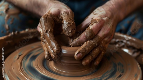 An artist's hands covered in clay as they shape a beautiful pottery piece on a spinning wheel, capturing the artistry and tactile pleasure of ceramics.