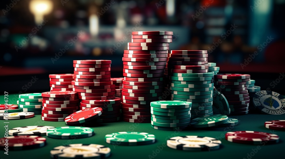 Poker Chips on a gaming table with dramatic lighting