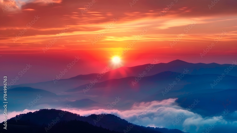 The sun sets behind the distant mountains, The clouds in front create an ethereal mist. Majestic mountain range, with rolling hills bathed in the golden sunlight. 