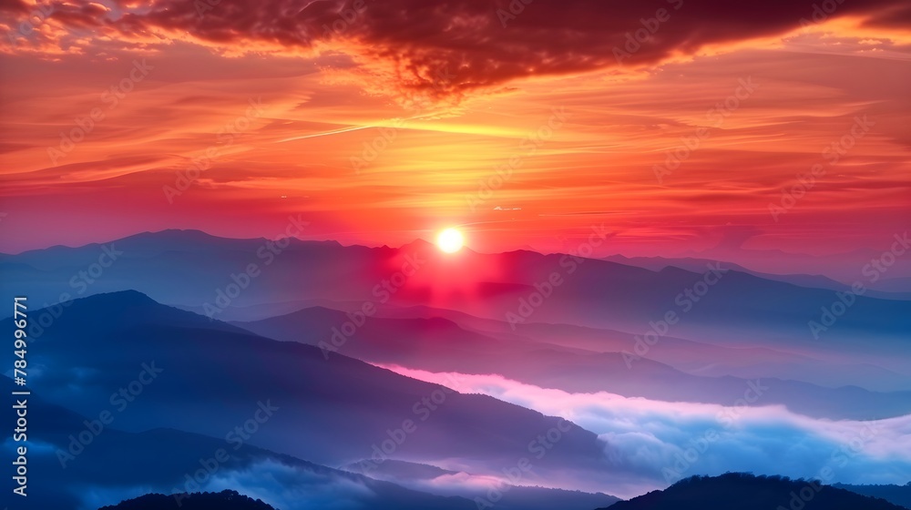 The sun sets behind the distant mountains, The clouds in front create an ethereal mist. Majestic mountain range, with rolling hills bathed in the golden sunlight. 