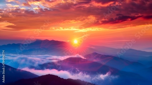 The sun sets behind the distant mountains, The clouds in front create an ethereal mist. Majestic mountain range, with rolling hills bathed in the golden sunlight.  © horizon