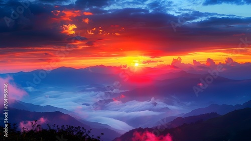 The sun sets behind the distant mountains, The clouds in front create an ethereal mist. Majestic mountain range, with rolling hills bathed in the golden sunlight.  © horizor