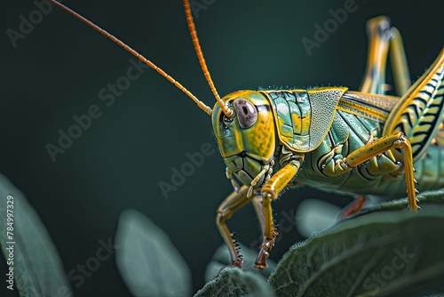 Mystic portrait of Common Field Grasshopper on leaves beside view,  © Tebha Workspace