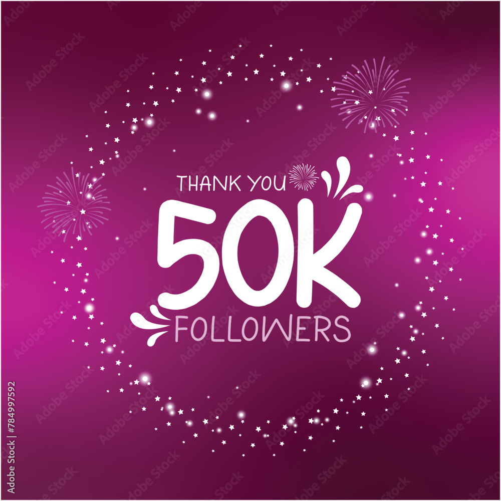 50K followers celebration design with white stars and sparkles, thanking subscribers on social media