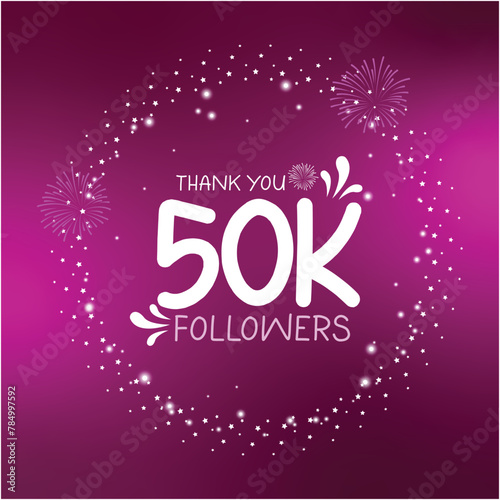 50K followers celebration design with white stars and sparkles, thanking subscribers on social media