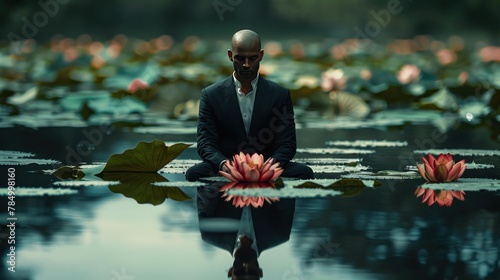 A businessman sits cross-legged in a pond full of water lilies, meditating with a flower in his hands. photo