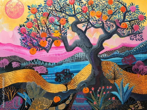 A colorful painting of a tree with a large pink moon in the background. The tree is full of oranges and there are birds flying around it. The ground is covered with flowers and plants.
