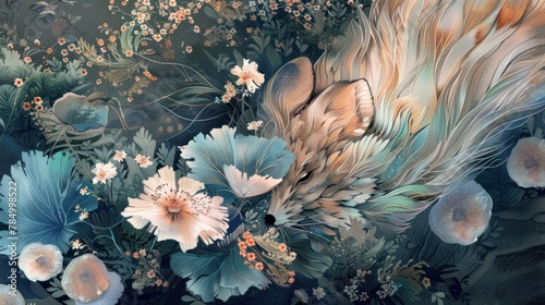 A fox is hiding in a field of flowers. The fox is mostly obscured by the flowers, but its tail is visible. The flowers are mostly blue and white, with a few red flowers. The background is a dark green photo