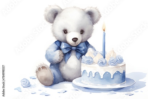 Cute teddy bear with birthday cake. Watercolor illustration.