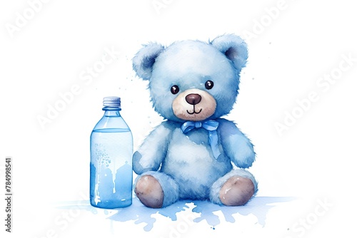 Watercolor teddy bear with a bottle of water. Vector illustration