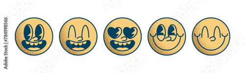 Set Icon Emoji Retro 30s. 50s, 60s old animation eyes and mouths elements. Vector illustration