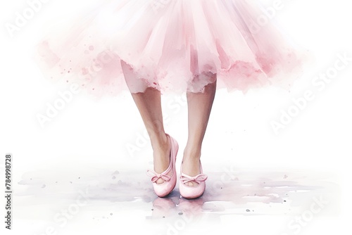 Ballerina legs in pink tutu and pointe shoes on watercolor background photo