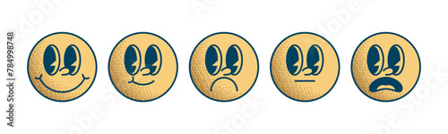 Set Icon Emoji Retro 30s. 50s, 60s old animation eyes and mouths elements. Happy satisfied, smile, neutral, stunned surprised. Vector illustration