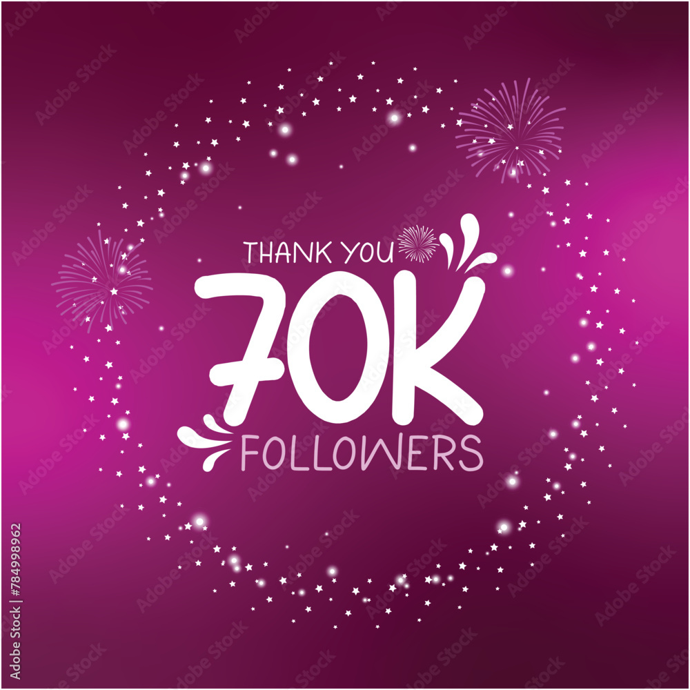 Thank you 70k followers ,  happy 70K celebration social media post design with White stars and sparkles on purple background