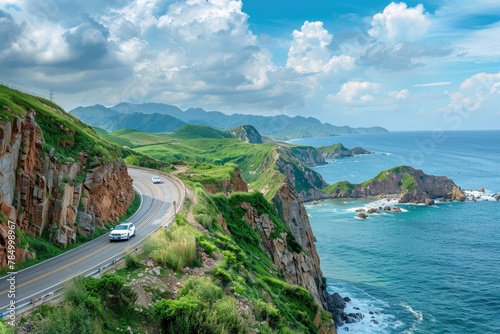 A car driving on the coastal highway, surrounded by cliffs and blue sea water, with green vegetation in spring, sunny weather, and blue sky and white clouds. 