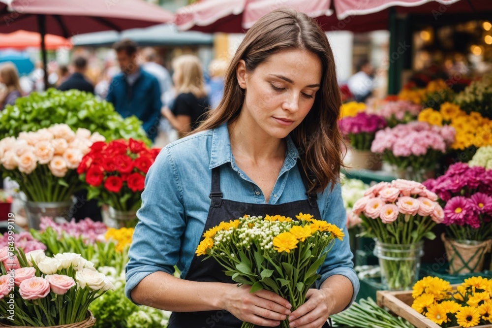 Thoughtful female choosing flowers on market