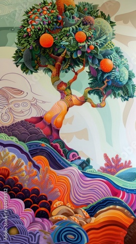 A painting of a tree with a woman's body and oranges for fruits. photo