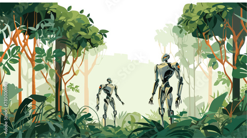 A jungle scene with trees that have robotic limbs 
