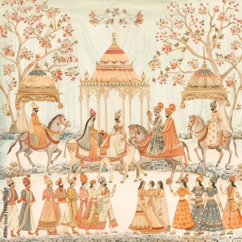 An illustration of a Mughal emperor and his entourage on a hunting expedition.