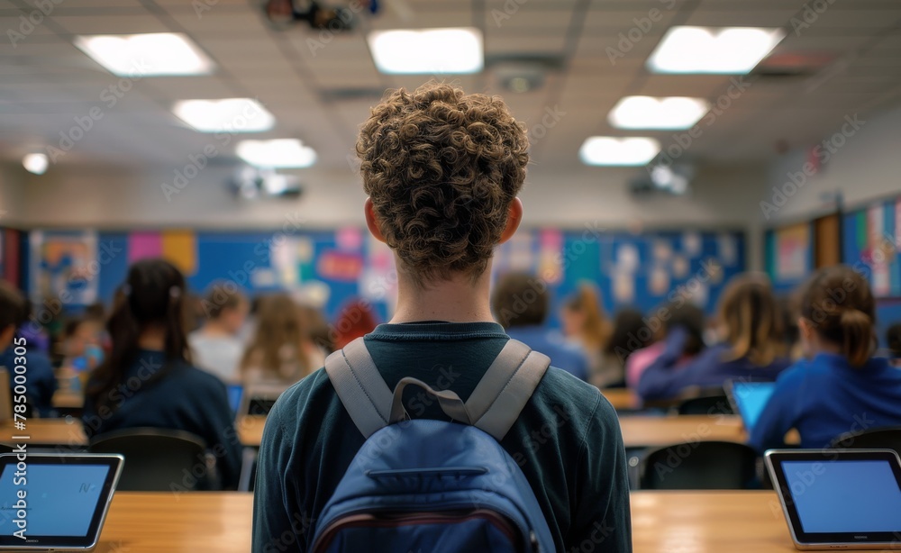 High school classroom equipped with individual tablets for each student, preparing them for a future where technology is integral. High school classroom equipped with individual tablets for each student, preparing them for a future where technology is integral.