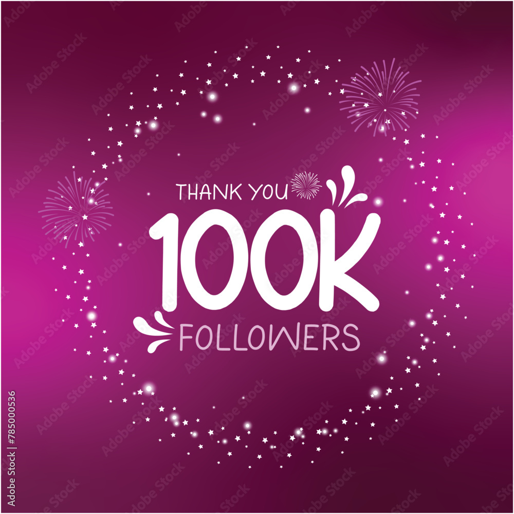 100K followers celebration design with white stars and sparkles, thanking subscribers on social media