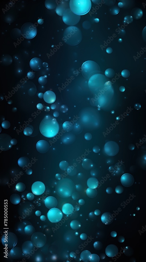 Abstract glowing light cyan bokeh on a black background with empty space for product presentation, in the style of vector illustration design