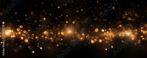 Abstract glowing light gold bokeh on a black background with empty space for product presentation, in the style of vector illustration design