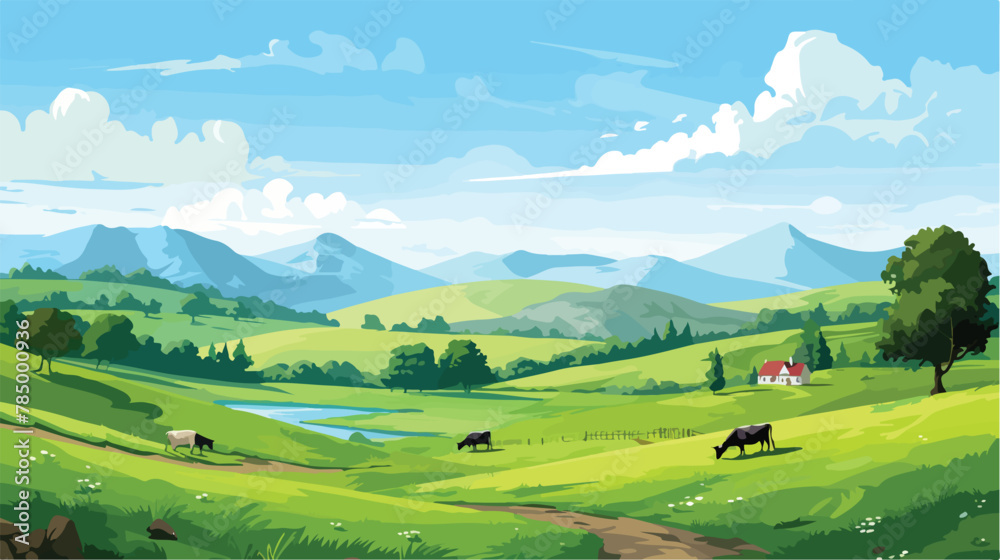 A peaceful countryside scene with rolling hills