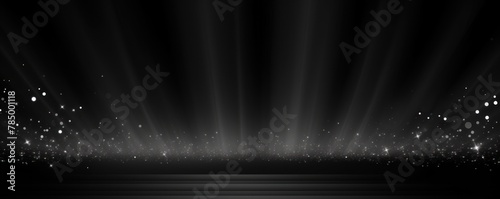 Abstract glowing light gray bokeh on a black background with empty space for product presentation, in the style of vector illustration design