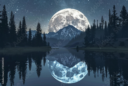 A crystal-clear image of a supermoon looming large over a quiet, mountainous lake. 32k, full ultra hd, high resolution photo